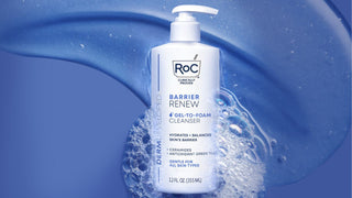 Barrier Renew Gel to Foam Cleanser in front of a texture image and bubbles and a blue background