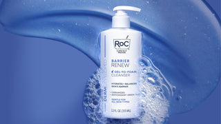 Barrier Renew Gel to Foam Cleanser in front of a texture image and bubbles and a blue background