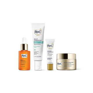 Best of RoC AM & PM Routine - Image of included products (Revive + Glow Daily Serum, Hydrate + Plump Moisturizer SPF30, Line Smoothing Eye Cream, and Line Smoothing Max Hydration Moisturizer.
