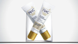 Two tubes of RoC Retinol CORREXION DEEP WRINKLE NIGHT cream TRAVEL SIZE in a clear container on a white background