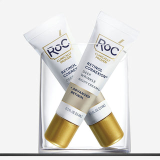 Two tubes of RoC Retinol Correxion Deep Wrinkle Night Cream TRAVEL SIZE on a white background