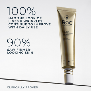 ROC skincare tube with text on clinical improvement claims on a white background