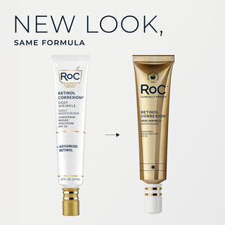 Two RoC skincare products with text 'New Look, Same Formula' on a white background