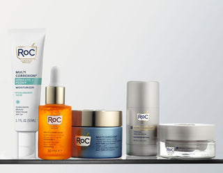 Stylized photo of Multi Correxion Hydrate + Plump Moisturizer, Multi Correxion Revive + Glow Daily Serum, Multi Correxion Firm + Lift Anti-Sagging Firming Cream, Derm Correxion Firming Serum Stick, and Derm Correxion Dual Eye Cream