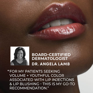 Close-up of a person's lips wearing a glossy rosy pink lip tint, with a small portrait of Dr. Angela Lamb and text quoting her recommendation for volume and youthful lip color.
