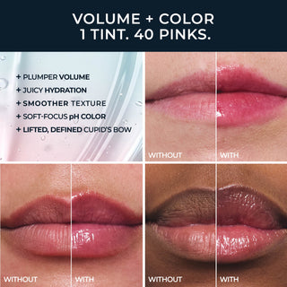 A four-panel lip product comparison graphic with text reading 'VOLUME + COLOR 1 TINT. 40 PINKS.