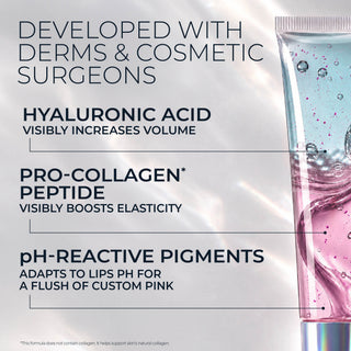 A cosmetic tube filled with pink liquid and air bubbles on a white background, with marketing text describing hyaluronic acid, collagen peptide, and pH-reactive pigments.