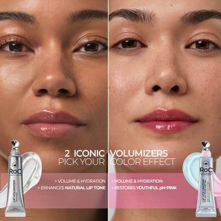 Close-up split-screen comparison of a woman's lips before and after using RoC Lip Volumizers, with product tubes shown at the bottom of each panel and text reading '2 ICONIC VOLUMIZERS PICK YOUR COLOR EFFECT'.