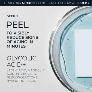 Step 1: peel
to visibly reduce signs of aging in minutes
glycolic acid + lactic acid, mandelic acid, phytic acid, gluconolactone hyaluronic acid
let sit for 2 minutes. do not rise. follow with step 2
