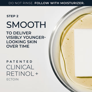 step 2: smooth
to deliver visibly younger-looking skin over time
Patented clinical retinol + ectoin
do not rinse. Follow with moisturizer