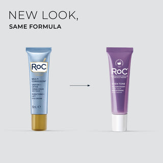 Two RoC eye cream bottles on a light gray background with text 'NEW LOOK, SAME FORMULA'.