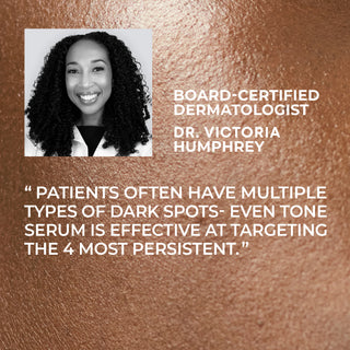 Board-Certified Dermatologist Dr. Victoria Humphrey: "Patients often have multiple type sof dark spots—even tone serum is effective at targeting the 4 most persistent."