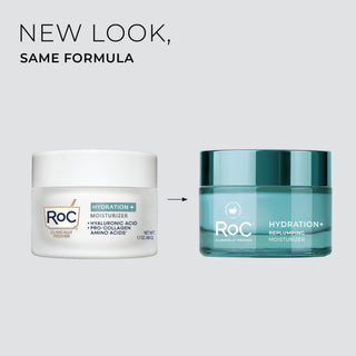 Two jars of RoC moisturizer, one white and one blue, on a light gray background.