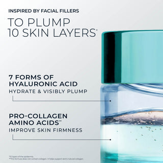 Skincare product with text about hyaluronic acid and collagen on a light gray background