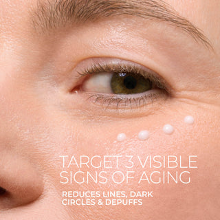 Close-up of a person's eye with text highlighting skincare benefits