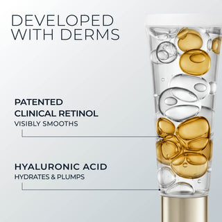 Skincare product with droplets labeled 'Patented Clinical Retinol' and 'Hyaluronic Acid' on a light gray background.
