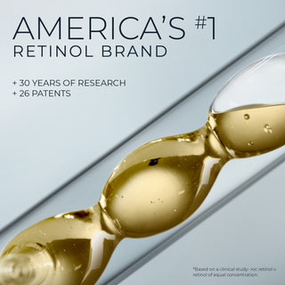 Gold Retinol droplets on a reflective surface with text about retinol brand and research.
+30 years of research
+26 Patents