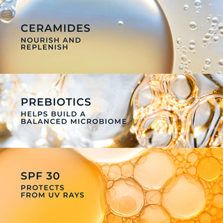 ceramides nourish and replenish
prebiotics helps build a balanced microbiome
spf protects from uv rays
