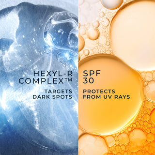 hexyl-r complex targets dark spots
spf 30 protects from uv rays