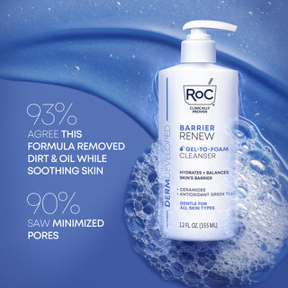 Photo of Barrier Renew Gel-To-Foam Cleanser in suds. 93% of clinical participants agree this formula removed dirt & oil while soothing skin  and 90% saw minimized pores.