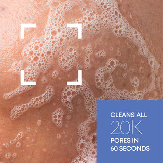 Zoomed in Image of clinical participants skin with Barrier Renew Gel-to-Foam cleanser suds. Cleans all 20K pores in 60 seconds.