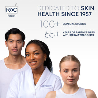 Image of Dr Ugando and 2 models. Copy reads RoC Skincare - Dedicated to Skin Health since 1957. 100+ clinical studies, 65+ years of partnerships with dermatologists