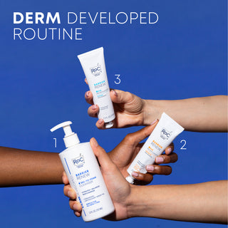 Image showing all three Barrier Renew products. Copy reads Derm Developed Routine