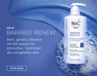 NEW Barrier Renew Gel-To-Foam Cleanser. Now, gently cleanse all 20K pores for smoother, hydrated, de-congested skin. Formulated with Ceramides, Glycerin and Green Tea. Shop Now. Barrier Renew Gel-To-Foam Cleanser on a sudsy background shown.