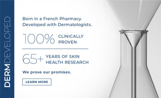 RoC: Born in a French Pharmacy- Established 1957. Developed with Dermatologists. 100% Clinically Proven | 65+ years of skin health research. We prove our promises. Scientific beaker shown. 