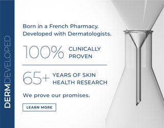 RoC: Born in a French Pharmacy- Established 1957. Developed with Dermatologists. 100% Clinically Proven | 65+ years of skin health research. We prove our promises. Scientific beaker shown. 