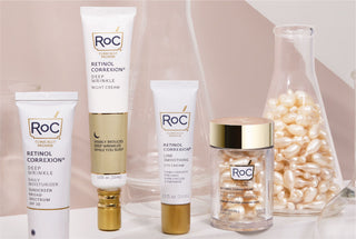 Retinol Correxion Line Smoothing and Deep Wrinkle skincare shown. RoC is a Dermatologist Recommended Clinically Proven brand. 