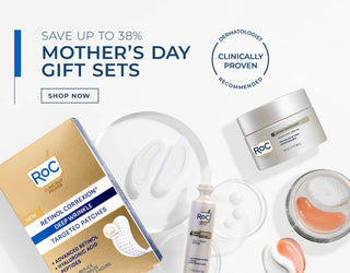 Save up to 38% on Mother's Day Gift Sets! Shop Now. RoC is a Dermatologist Recommended brand and all products are clinically proven. Derm Correxion Essentials Set featured in image.