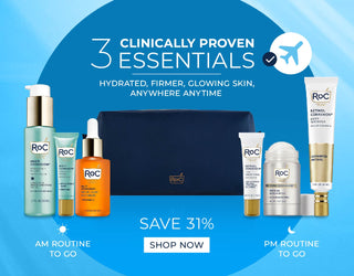 Travel approved clinically proven essentials sets. AM Routine with Hydrate + Plump SPF, Hydrate + Plump Eye Cream and Vitamin C Serum. PM Routine with Line Smoothing Eye Cream, Firming Serum Stick and Deep Wrinkle Night Cream