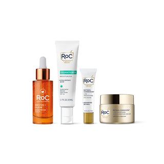 RoC skincare products (Revive + Glow DAILY SERUM, Hydration+ MOISTURIZER SPF, LINE SMOOTHING EYE CREAM, LINE SMOOTHING MAX HYDRATION CrEAM)