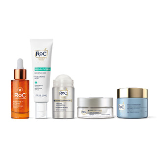 RoC skincare products (Revive + Glow Daily Serum, Hydration+ Moisturizer SPF, Derm Correxion Firming Serum Stick, Derm Correxion Dual Eye Cream, Firm + Lift Anti-Sagging Cream)