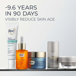 Visibly reduce skin age by 9.6 years in 90 days with the RoC 35 Protocol, which includes: Hydrate + Plump Moisturizer, Revive + Glow Daily Serum, Firming Serum Stick, Dual Eye Cream, and Firm + Lift Anti-Sagging Firming Cream