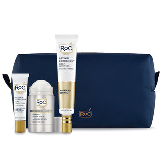 TSA-Approved Firm + Smooth Nighttime Routine Image featurting 3 products and a cosmetics bag.
