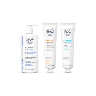 RoC skincare products (BARRIER RENEW GEL TO FOAM CLEANSER, BARRIER RENEW AM MOISTURIZER SPF, BARRIER RENEW PM MOISTURIZER)
