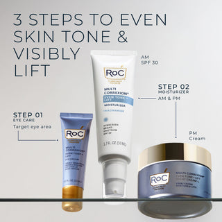 3 Steps to Even skin tone & visibly lift
step 1 eye care: target eye area with the even tone + lift eye cream
step 2 moisturizer: In the AM use the Even tone + lift moisturizer spf 30. In the PM use the even tone + lift night cream