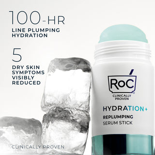 Hydration+ Replumping serum stick front packaging with ice
100-hr line plumping hydration
5 dry skin symptoms visibly reduced
clinically proven