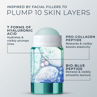 Hydration+ Replumping serum stick with ingredients over the package
inspired by facial fillers to plump 10 skin layers
7 forms of hyaluronic acid
hydrates & visibly plumps lines
pro-collagen peptide
restores & visibly boosts elasticity
bio-blue peptide
renews & visibly smooths texture
