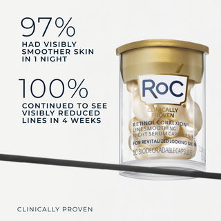 stylized photo of RETINOL CORREXION® Line Smoothing Night Serum Capsules mini
97% had visibly smoother skin in 1 night
100% continued to see visibly reduced lines in 4 weeks
clinically proven