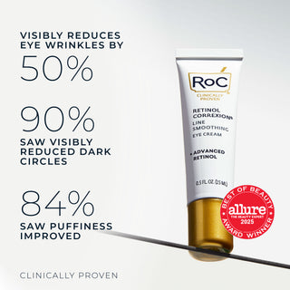 stylized photo of retinol correxion deep wrinkle serum with best of beauty award from allure 2025
visibly reduces eye wrinkles by 50%
90% saw visibly reduced dark circles
84% saw puffiness improved
clinically proven