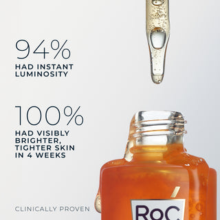 Stylized image of Revive + Glow Daily Serum bottle with dropper and the caption "94% had instant luminosity and 100% had visibly brighter, tighter skin in 4 weeks"