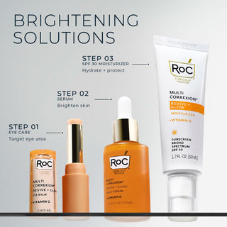 brightening solutions
step 01 eye care target eye area
step 02 serum brighten skin
step 03 spf 30 moisturizer hydrate + protect
