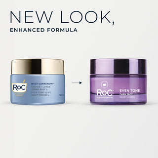 Two RoC skincare products with a 'New Look, Enhanced Formula' text on a light gray background.