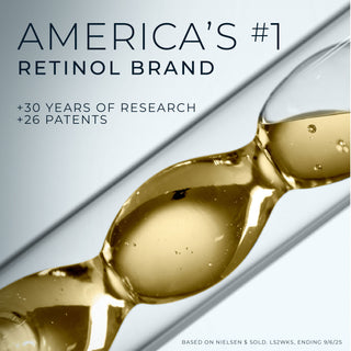 Gold liquid droplet with text claiming it as 'America's #1 Retinol Brand' on a gray background