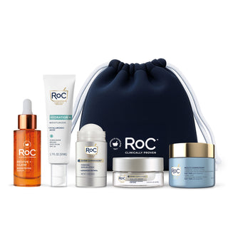 RoC skincare products (Revive + Glow Daily Serum, Hydration+ Moisturizer SPF, Derm Correxion Firming Serum Stick, Derm Correxion Dual Eye Cream, Firm + Lift Anti-Sagging Cream) with a navy holiday cosmetic bag on a white background