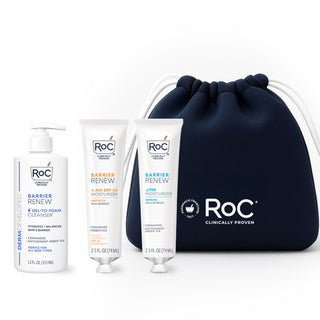 RoC skincare products (BARRIER RENEW GEL TO FOAM CLEANSER, BARRIER RENEW AM MOISTURIZER SPF, BARRIER RENEW PM MOISTURIZER) with a navy holiday cosmetic bag on a white background