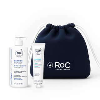 RoC skincare products (BARRIER RENEW GEL TO FOAM CLEANSER, BARRIER RENEW PM Moisturizer) with a navy holiday cosmetic bag on a white background